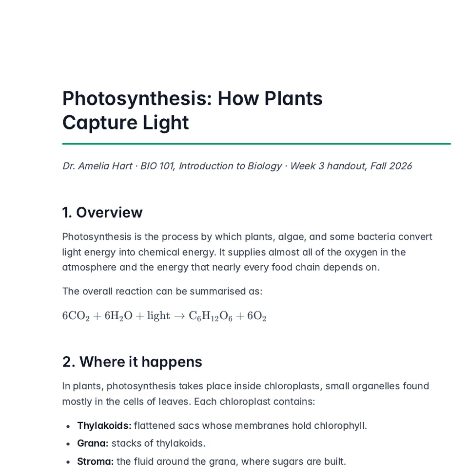 The same handout in Lumidoc: clean text, real headings, a typeset equation