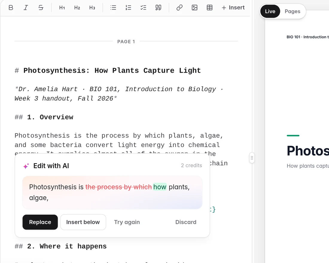 An AI edit of a sentence, with removed words struck through and added words highlighted