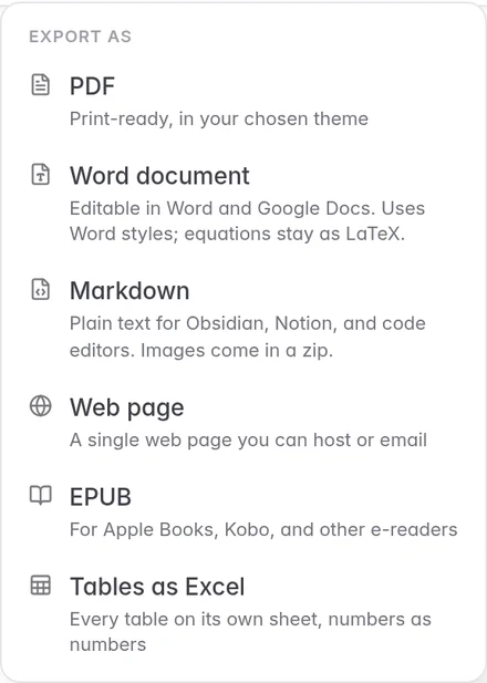 The export menu listing PDF, Word, Markdown, web page, EPUB, and Tables as Excel