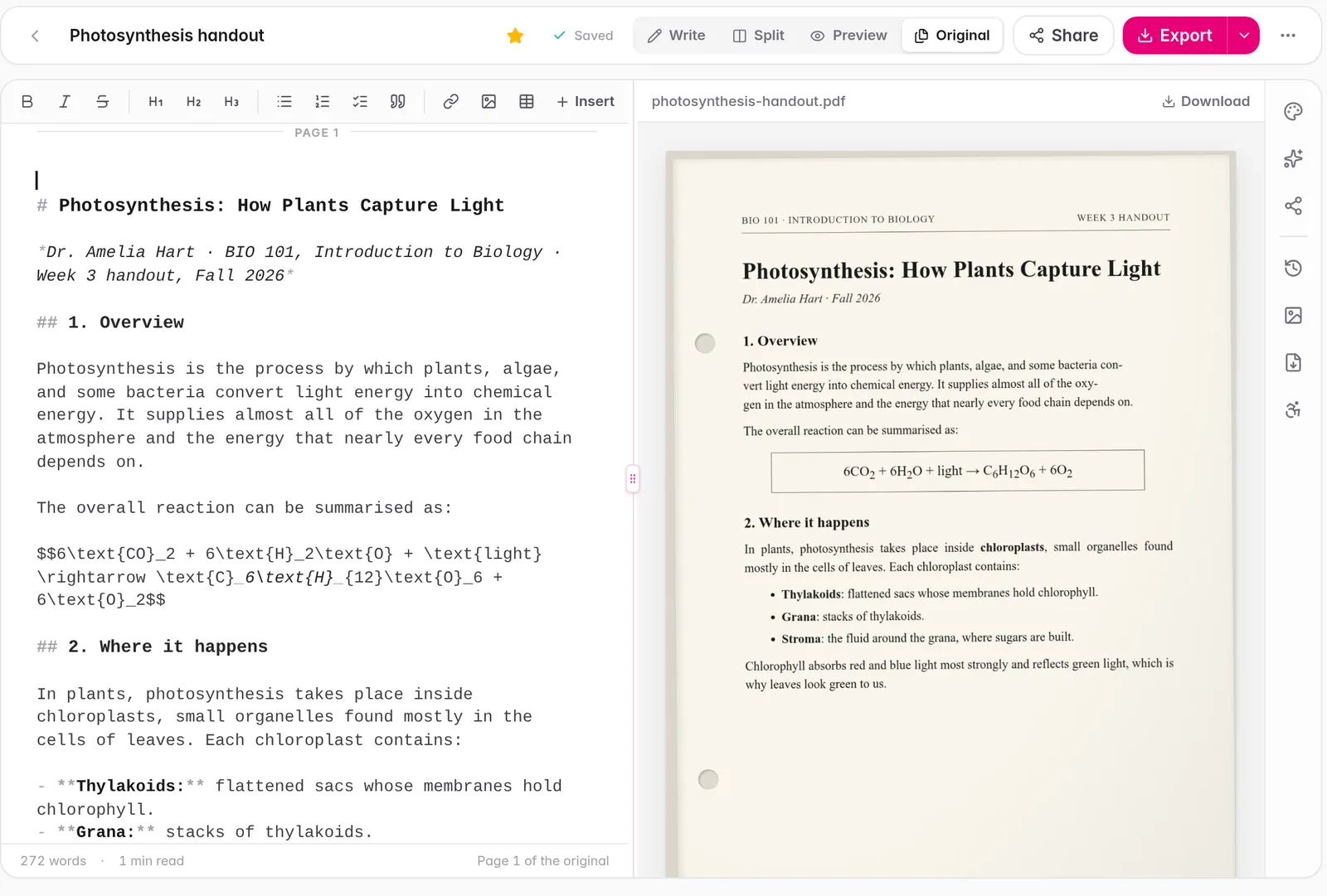 The Lumidoc editor with a scanned handout on the right and its clean text on the left