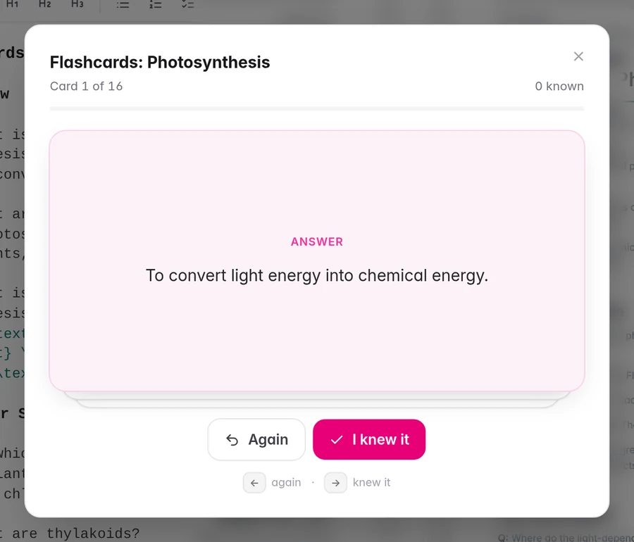 A flashcard flipped to show its answer, with Again and I knew it buttons