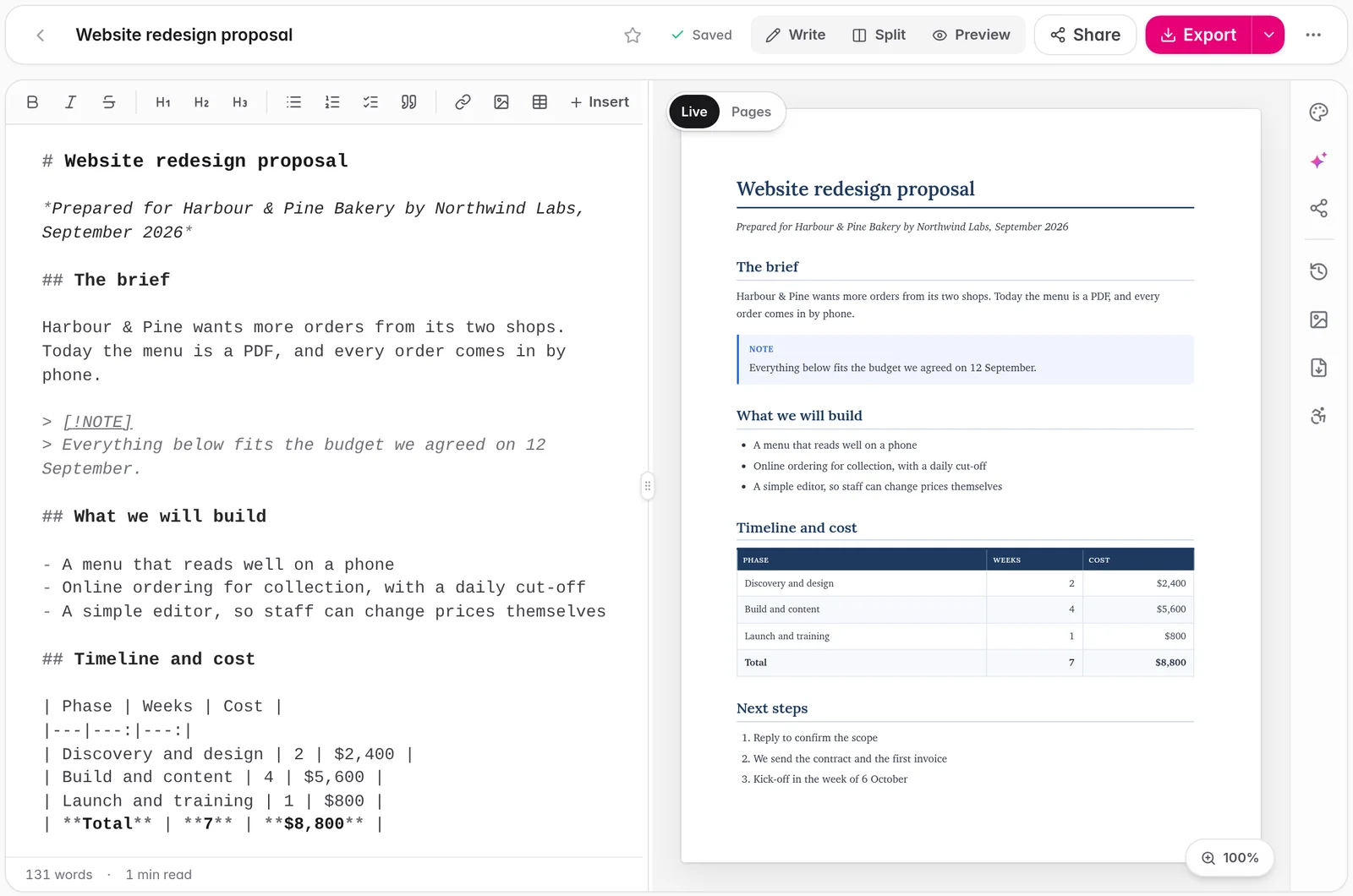 A proposal written in Markdown in the Lumidoc editor, beside its themed preview with a note callout and a cost table